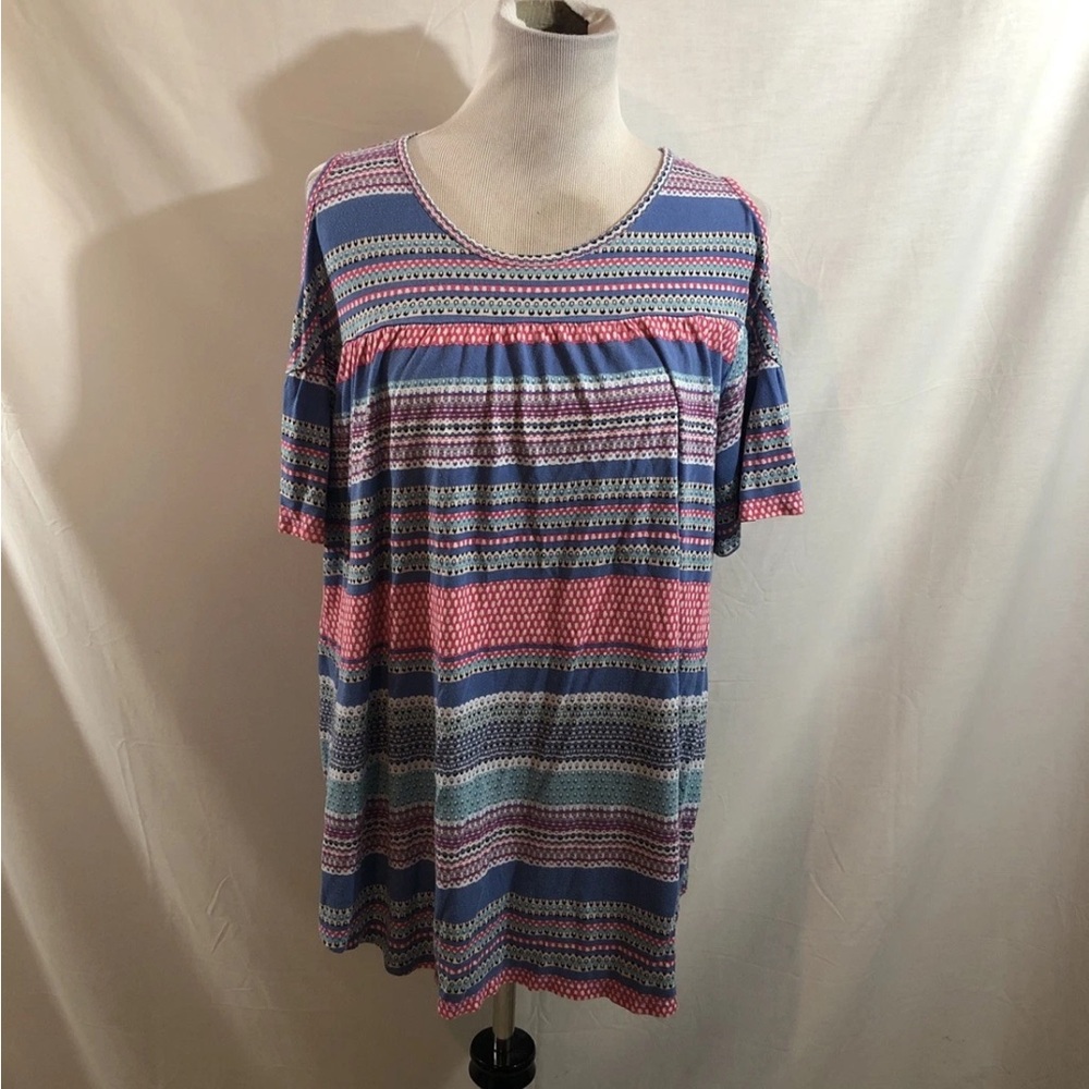 Chelsea Studio Blue & Pink Design Short Sleeve Top, Shoulder Cutouts -Womens 1X